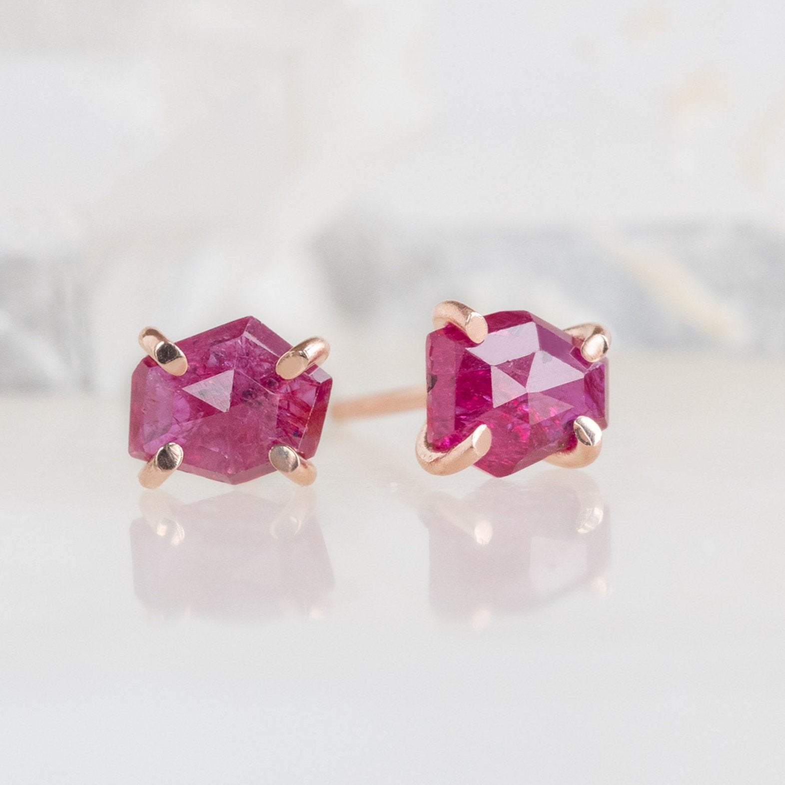 The Hexagon Ruby Stud Earrings | 14K Rose Gold