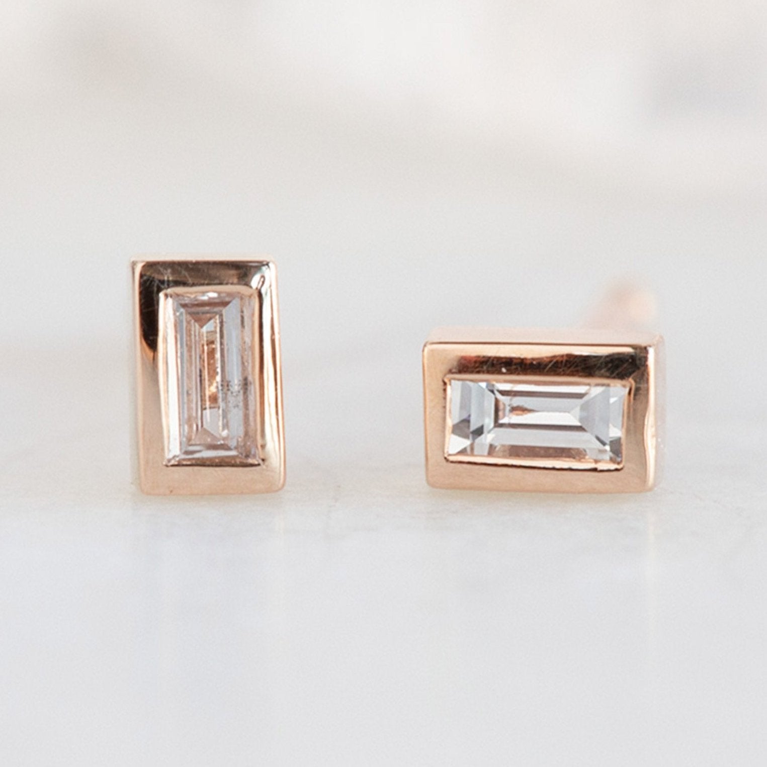 The White Diamond Baguette Stud Earrings | 14K Rose Gold