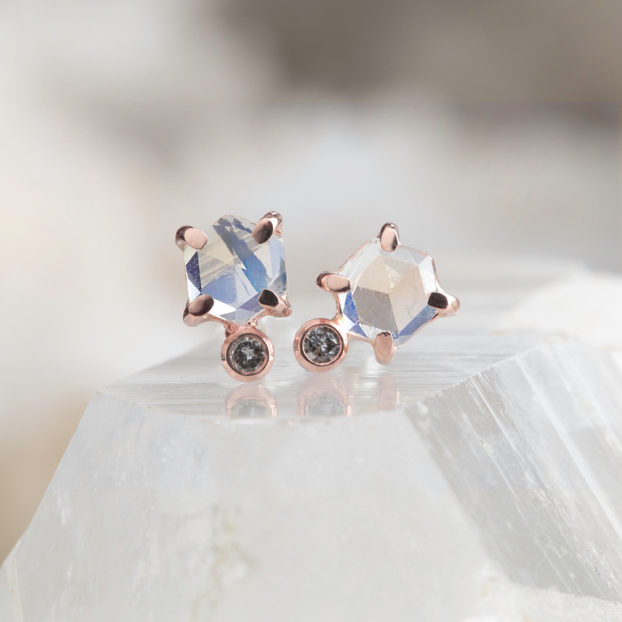 The Hexagon Moonstone + Diamond Stud Earrings in 14K Rose Gold on White Crystal