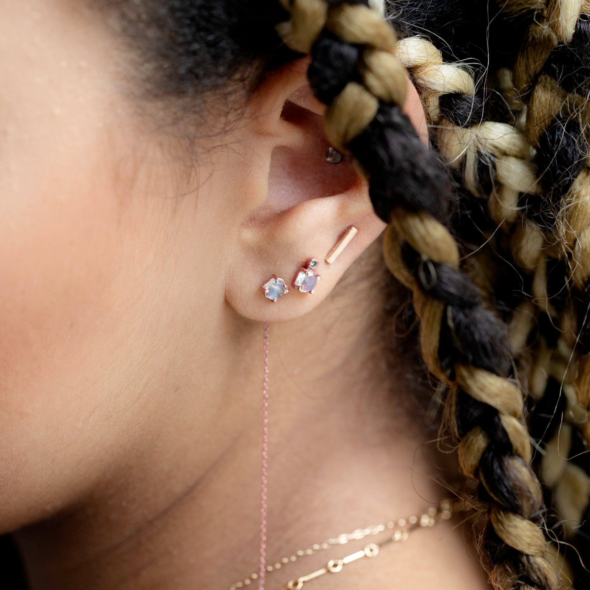 The Hexagon Moonstone + Diamond Stud Earrings in 14K Rose Gold Stacked on Model