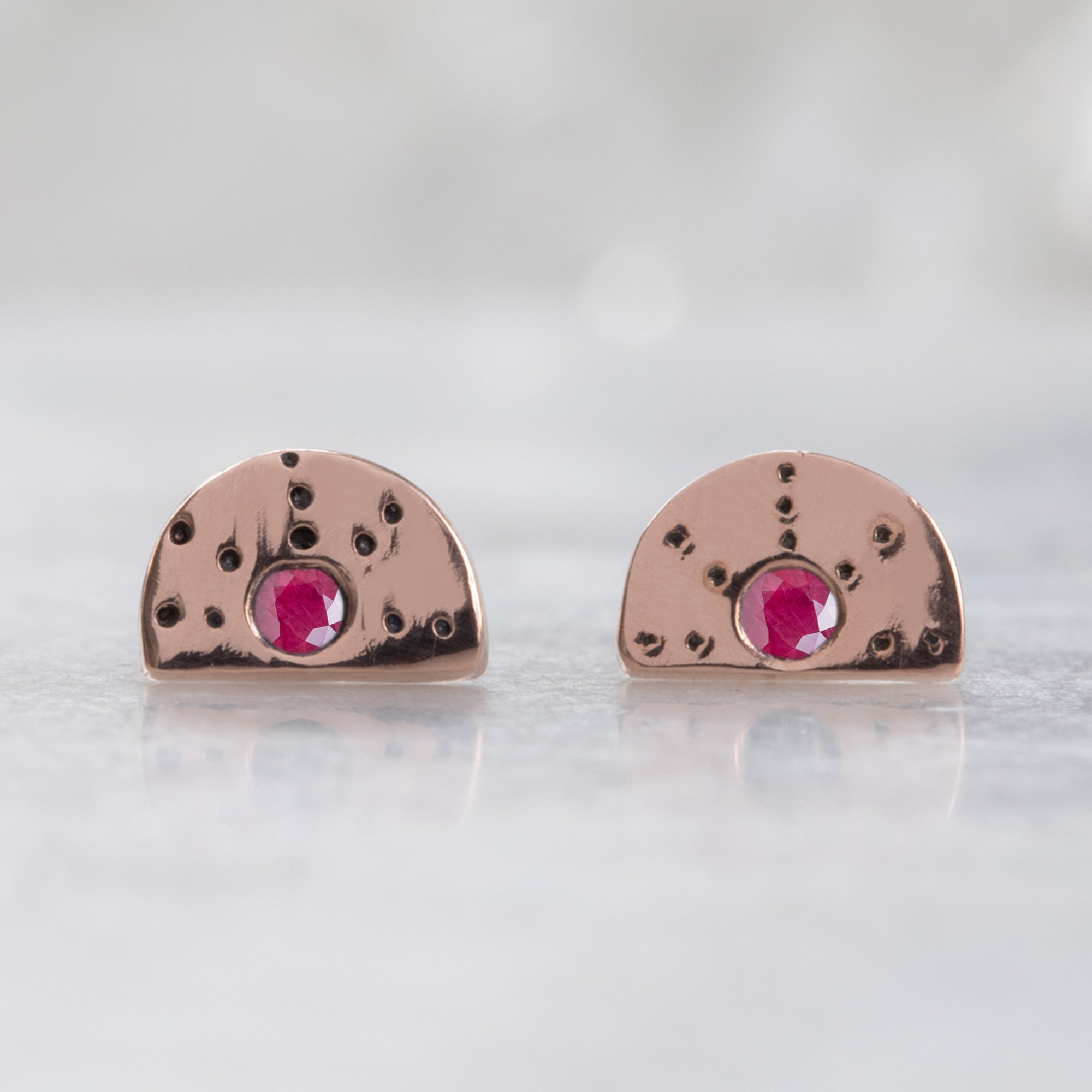 The Half Moon Ruby Stardust Stud Earrings | 14K Rose Gold