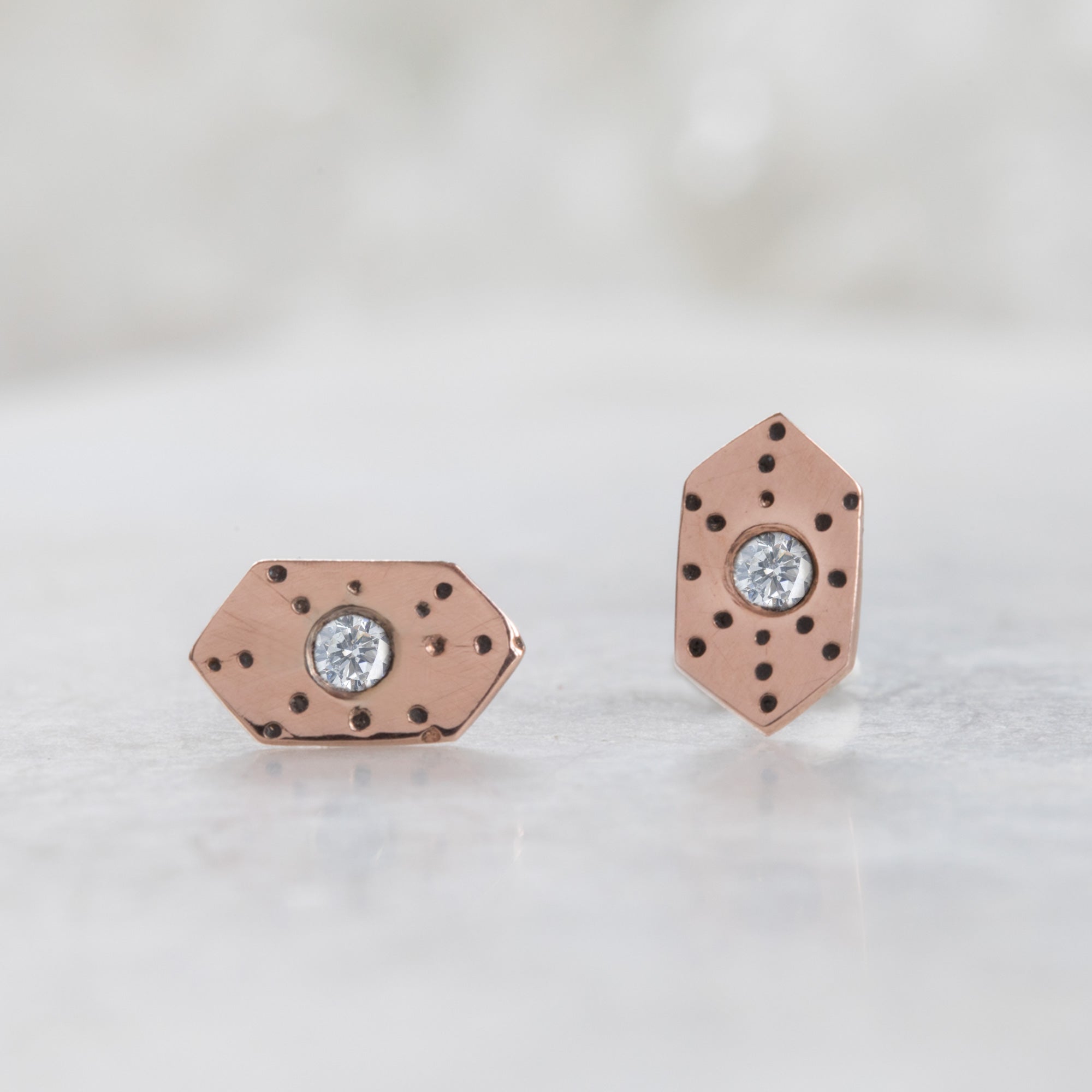 The Hexagon White Diamond Stardust Stud Earrings | 14K Rose Gold