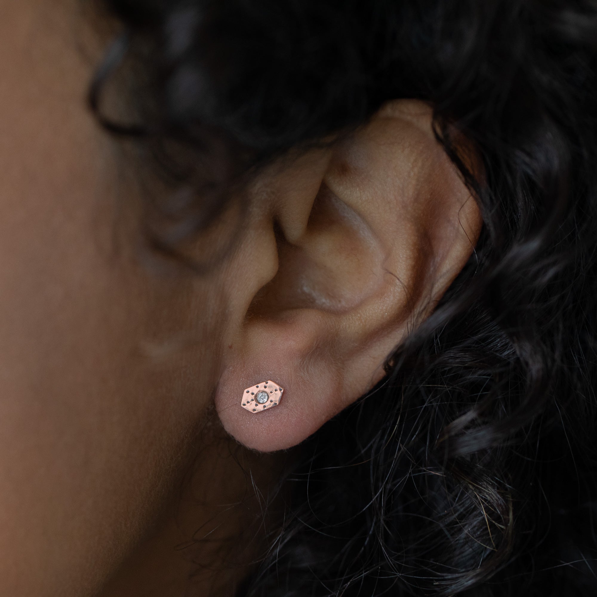 The Hexagon White Diamond Stardust Stud Earrings | 14K Rose Gold