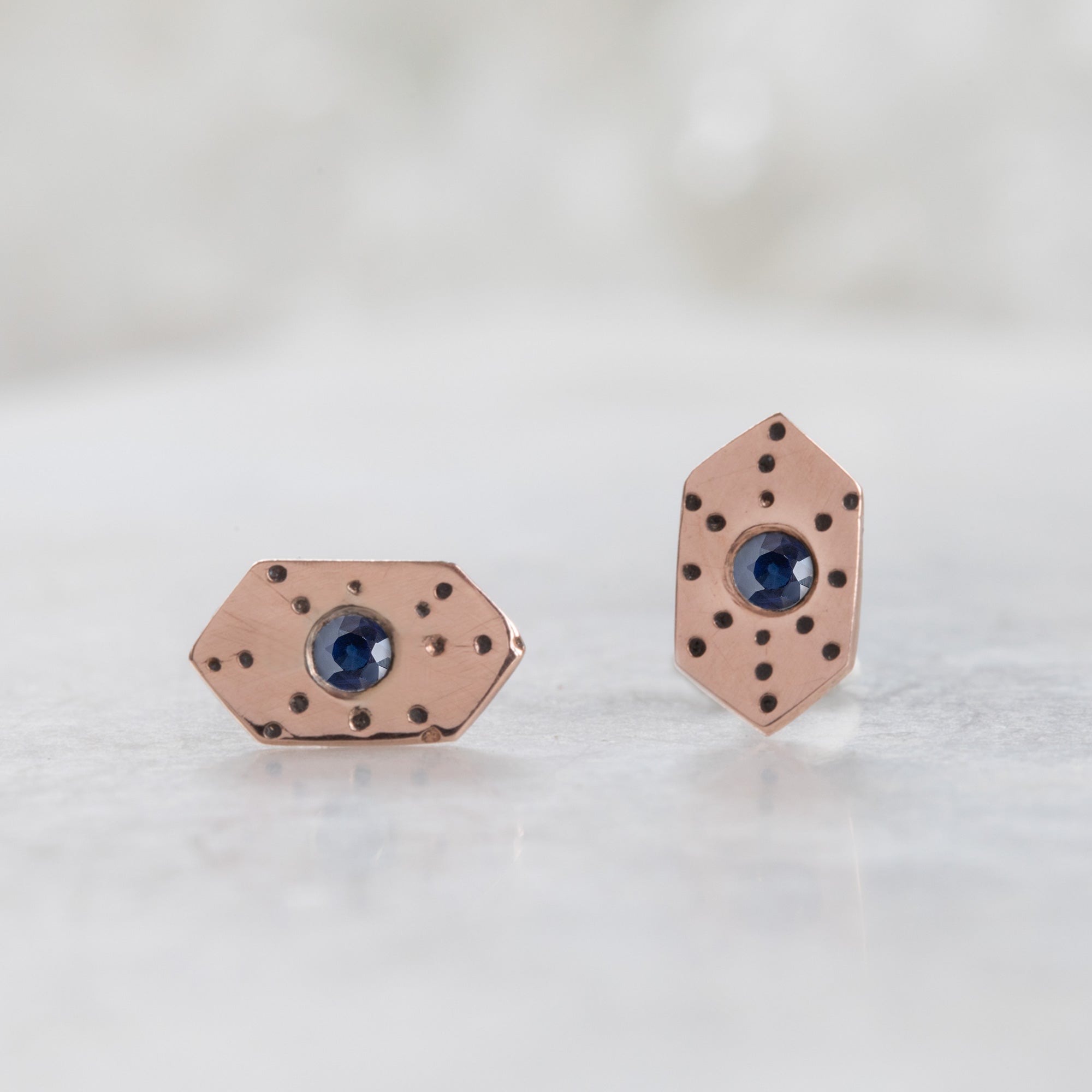 The Hexagon Blue Sapphire Stardust Stud Earrings | 14K Rose Gold