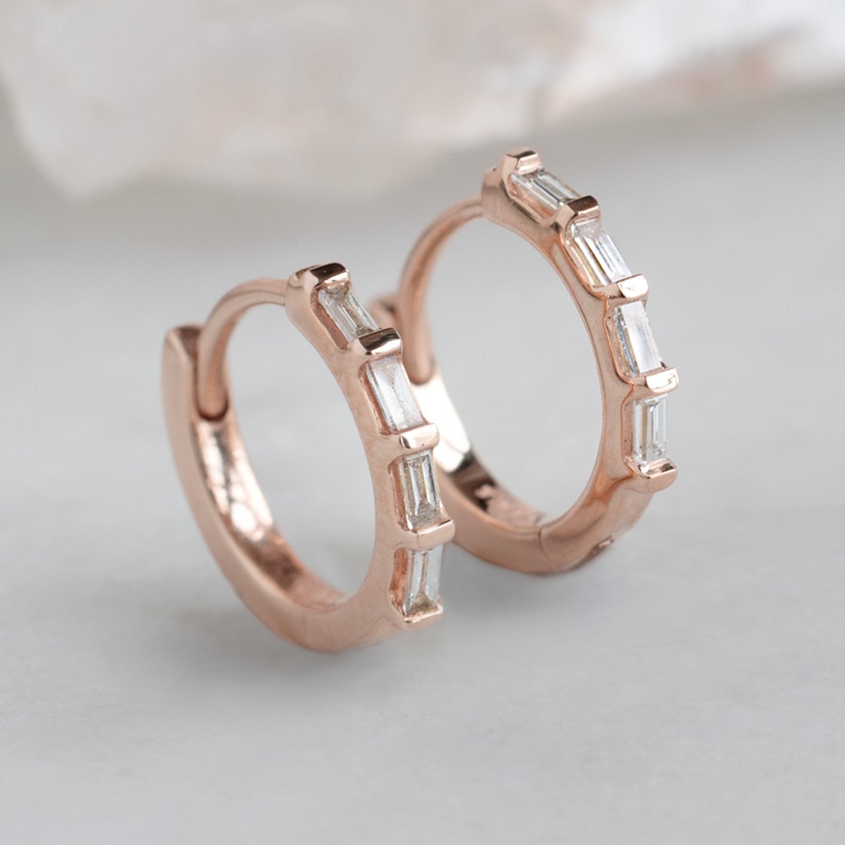 The Baguette White Diamond Huggie Hoops | 14K Rose Gold