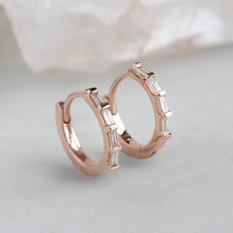 The Baguette White Diamond Huggie Hoops | 14K Rose Gold