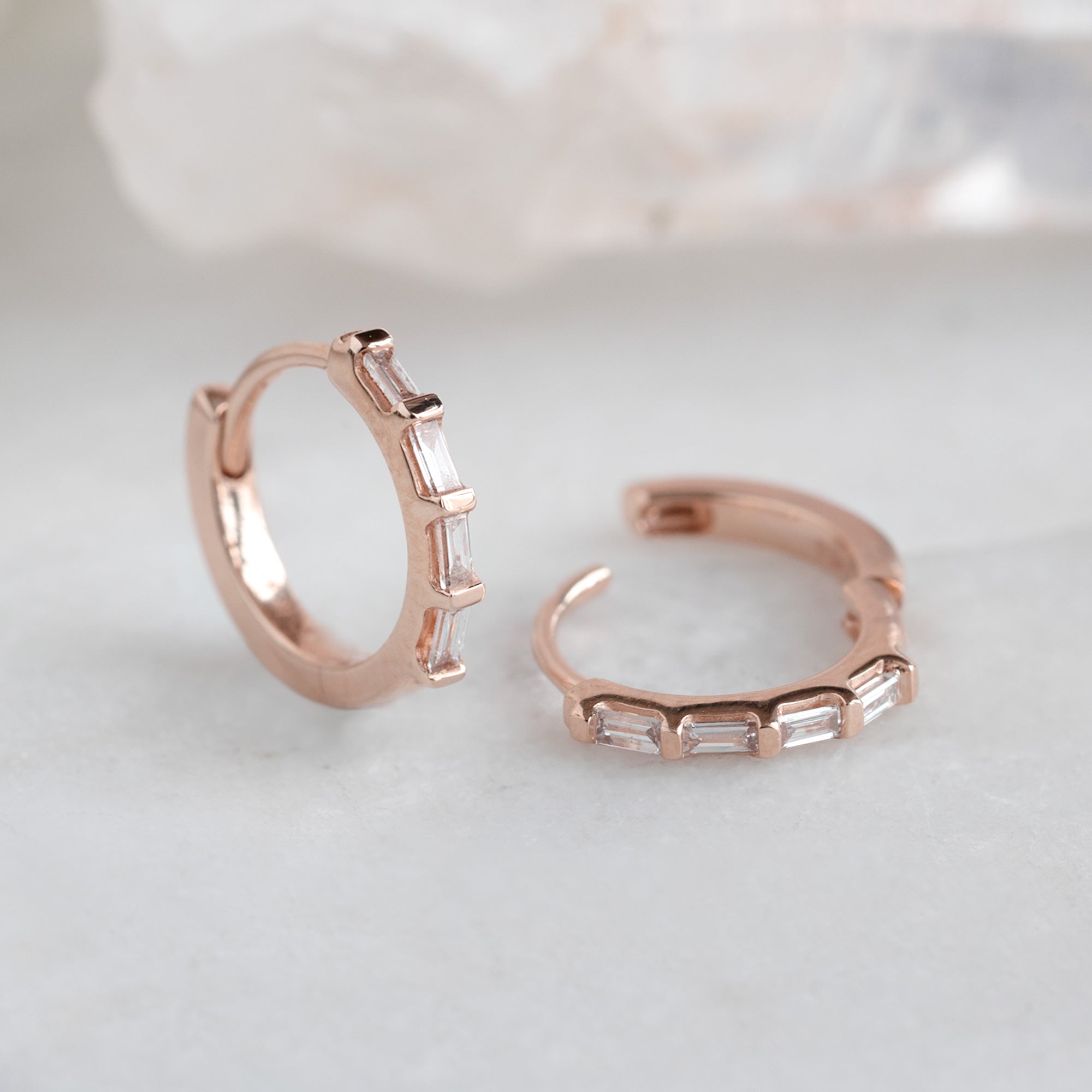 The Baguette White Diamond Huggie Hoops | 14K Rose Gold