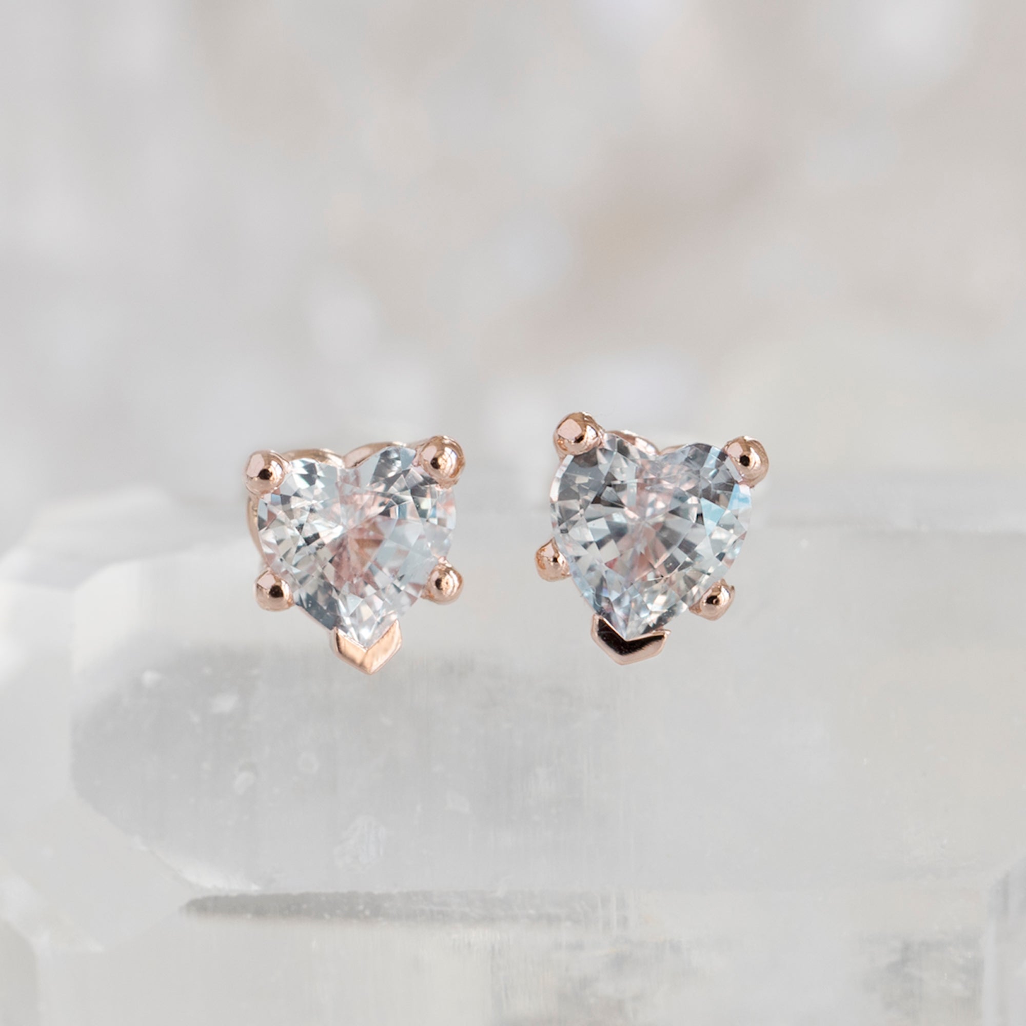 The White Sapphire Gemstone Heart Stud Earrings | 14K Rose Gold