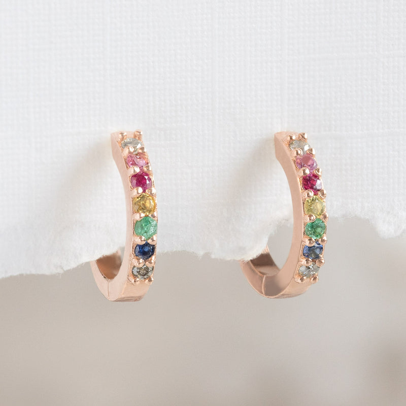 The Rainbow Sapphire Pavé Huggie Hoops | 14K Rose Gold