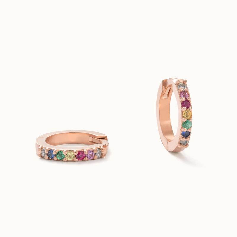 The Rainbow Sapphire Pavé Huggie Hoops | 14K Rose Gold