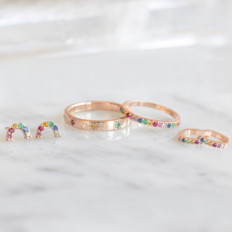 The Rainbow Sapphire Pavé Huggie Hoops | 14K Rose Gold