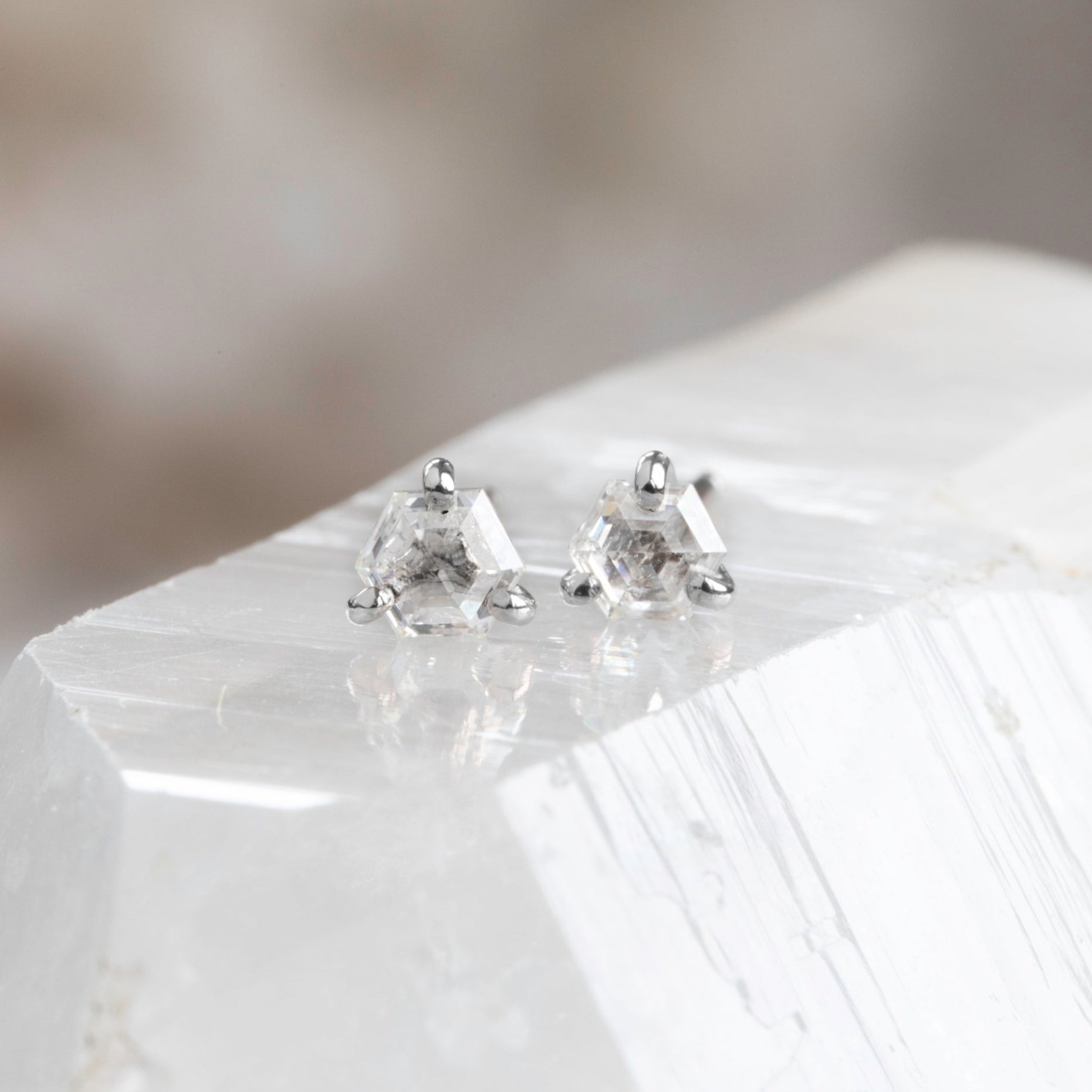 The Teensy White Diamond Hexagon Stud Earrings | 14K White Gold