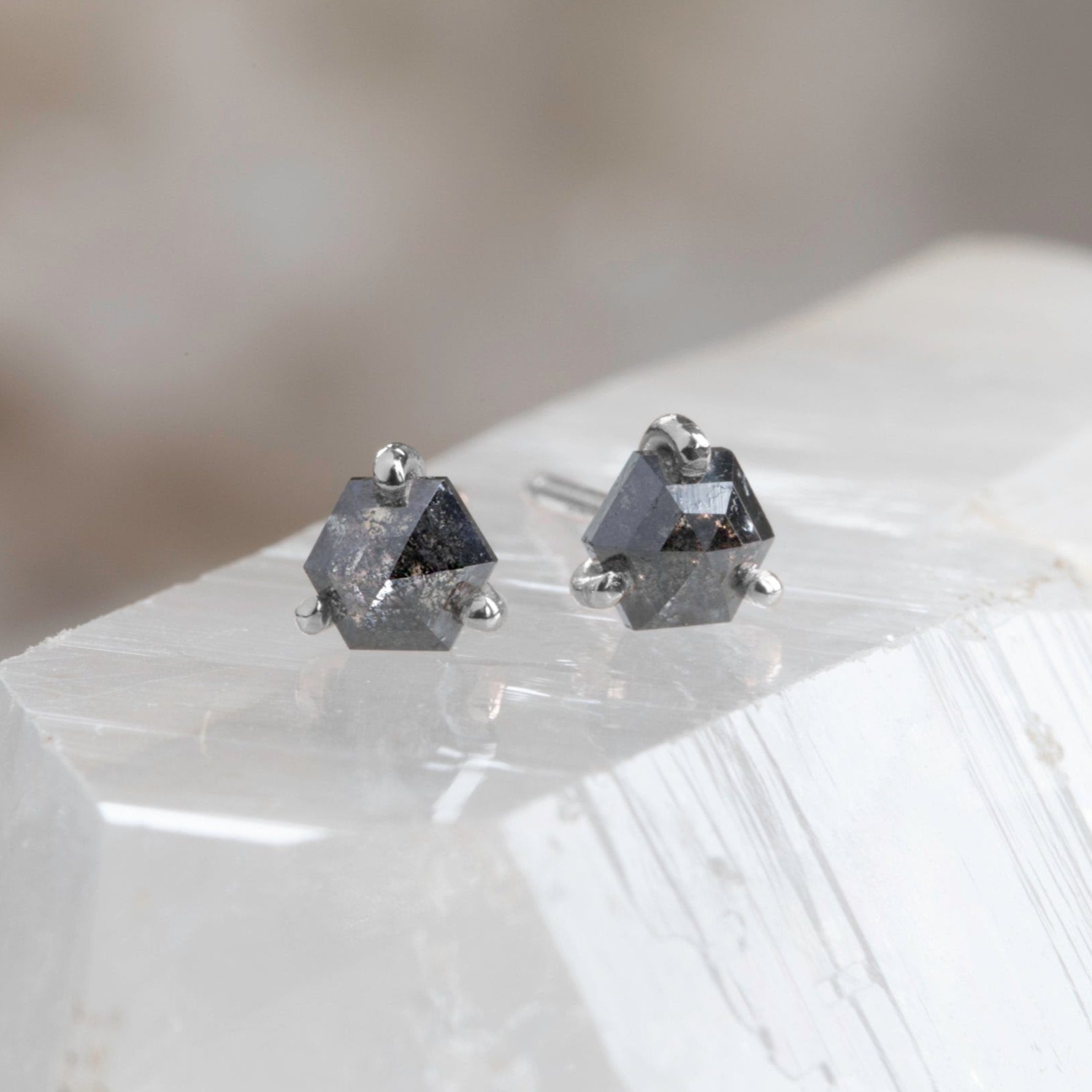 The Teensy Black Diamond Hexagon Stud Earrings | 14K White Gold