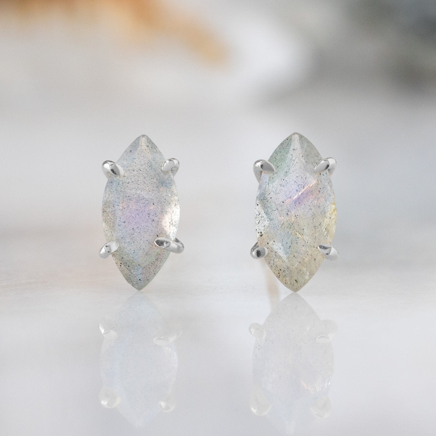 The Labradorite Marquise Stud Earrings | 14K White Gold