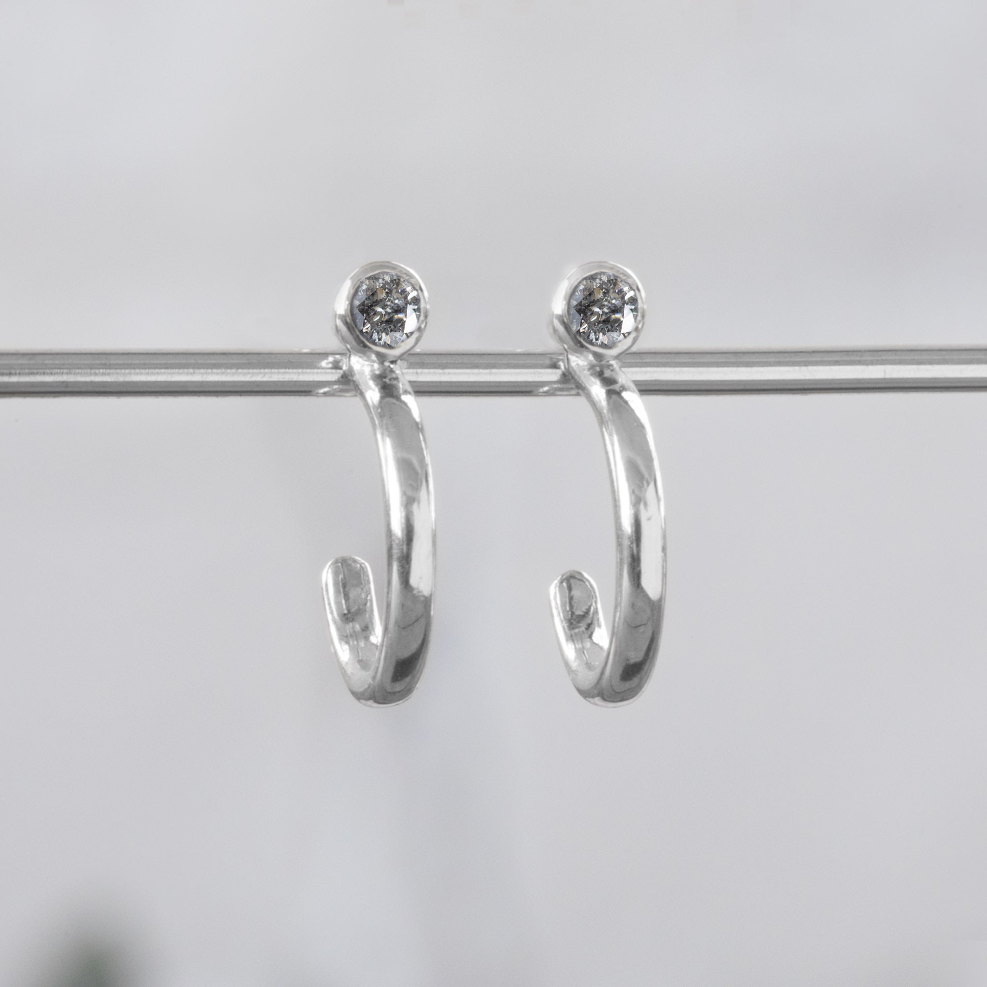 Custom Salt and Pepper Diamond Birthstone Hoop Earrings | 14K White Gold