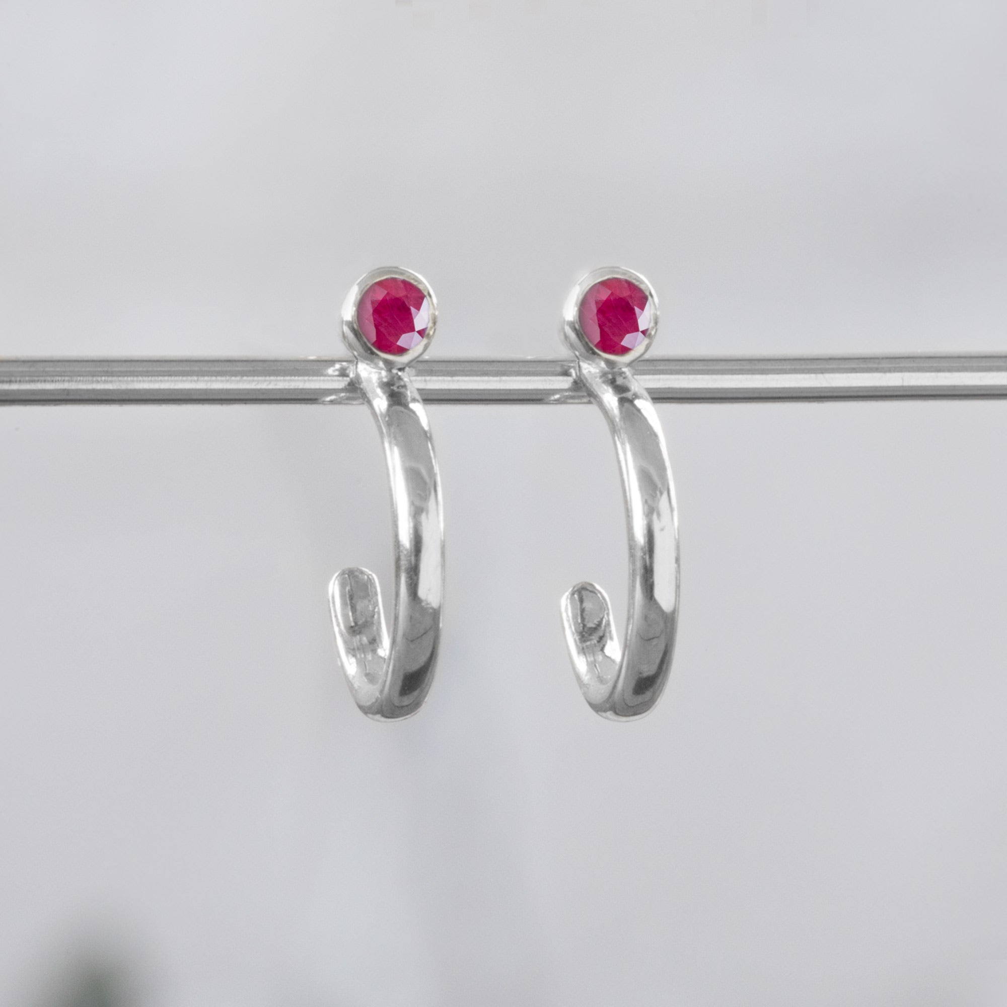 Custom Ruby Birthstone Hoop Earrings | 14K White Gold