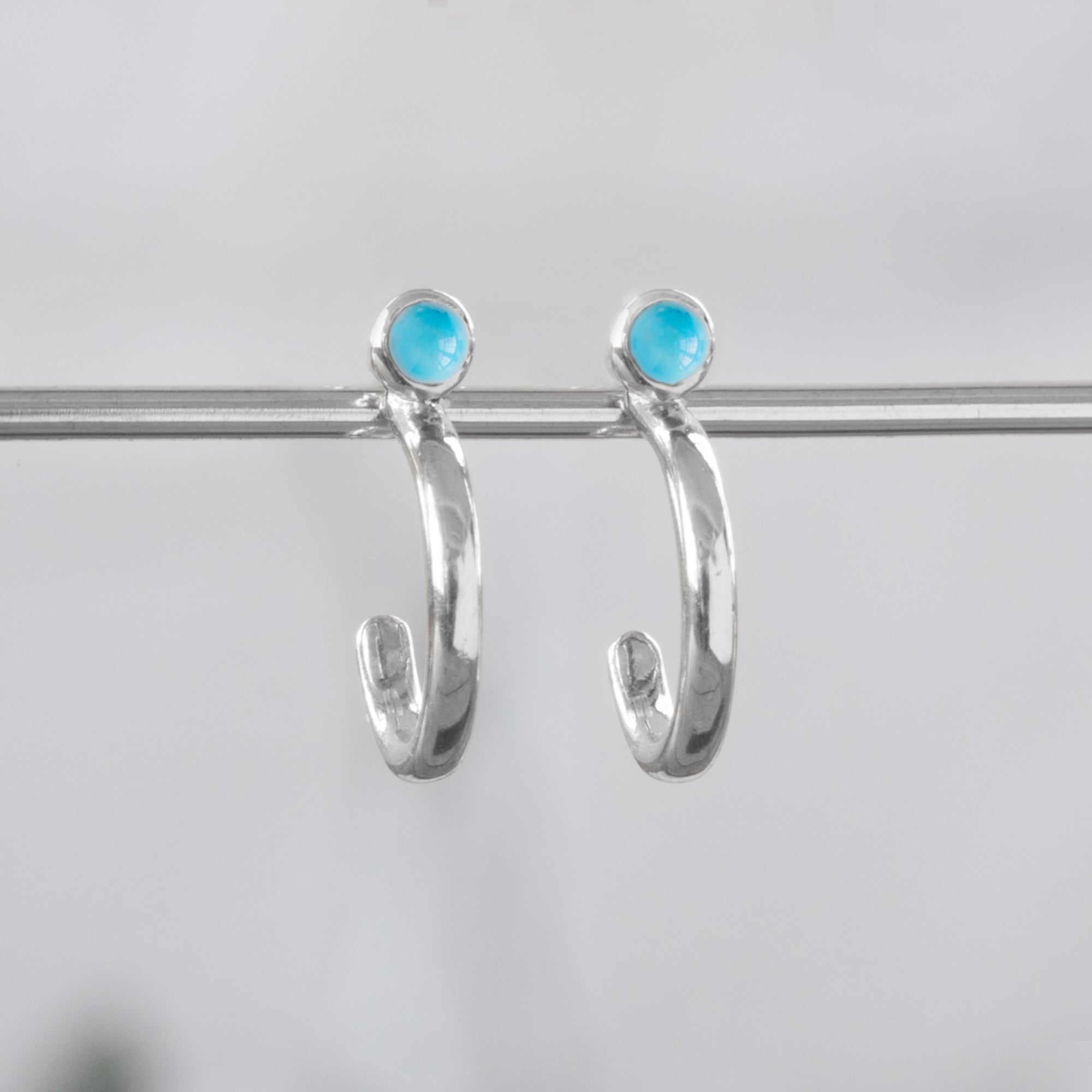 Custom Turquoise Birthstone Hoop Earrings | 14K White Gold