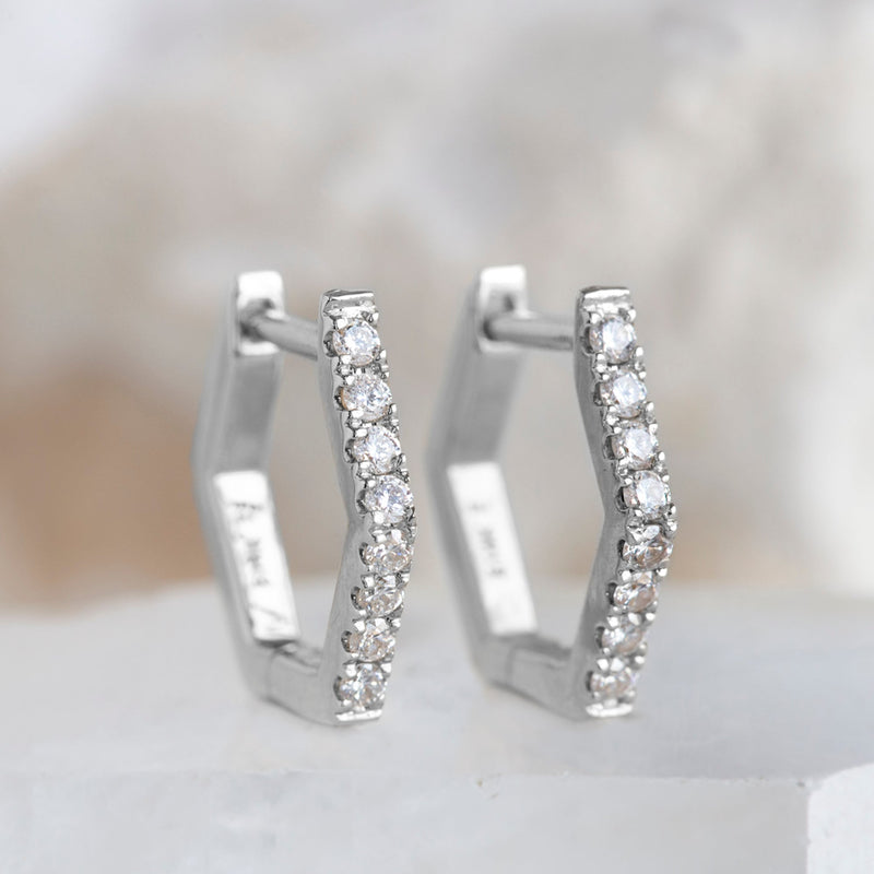 The White Diamond Pavé Hexagon Hoops | 14K White Gold