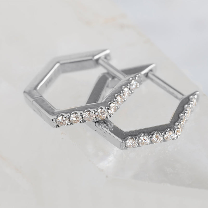 The White Diamond Pavé Hexagon Hoops | 14K White Gold