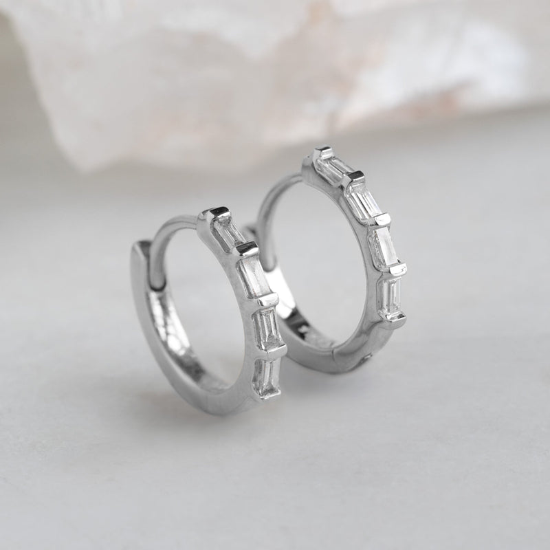 The Baguette White Diamond Huggie Hoops | 14K White Gold