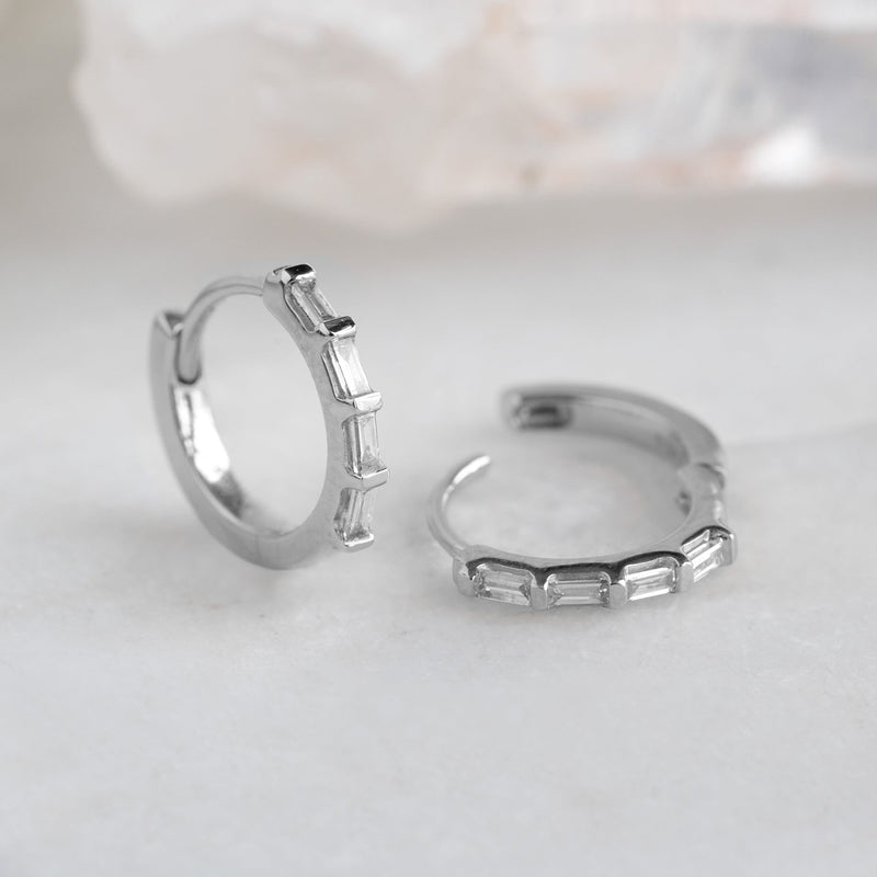 The Baguette White Diamond Huggie Hoops | 14K White Gold