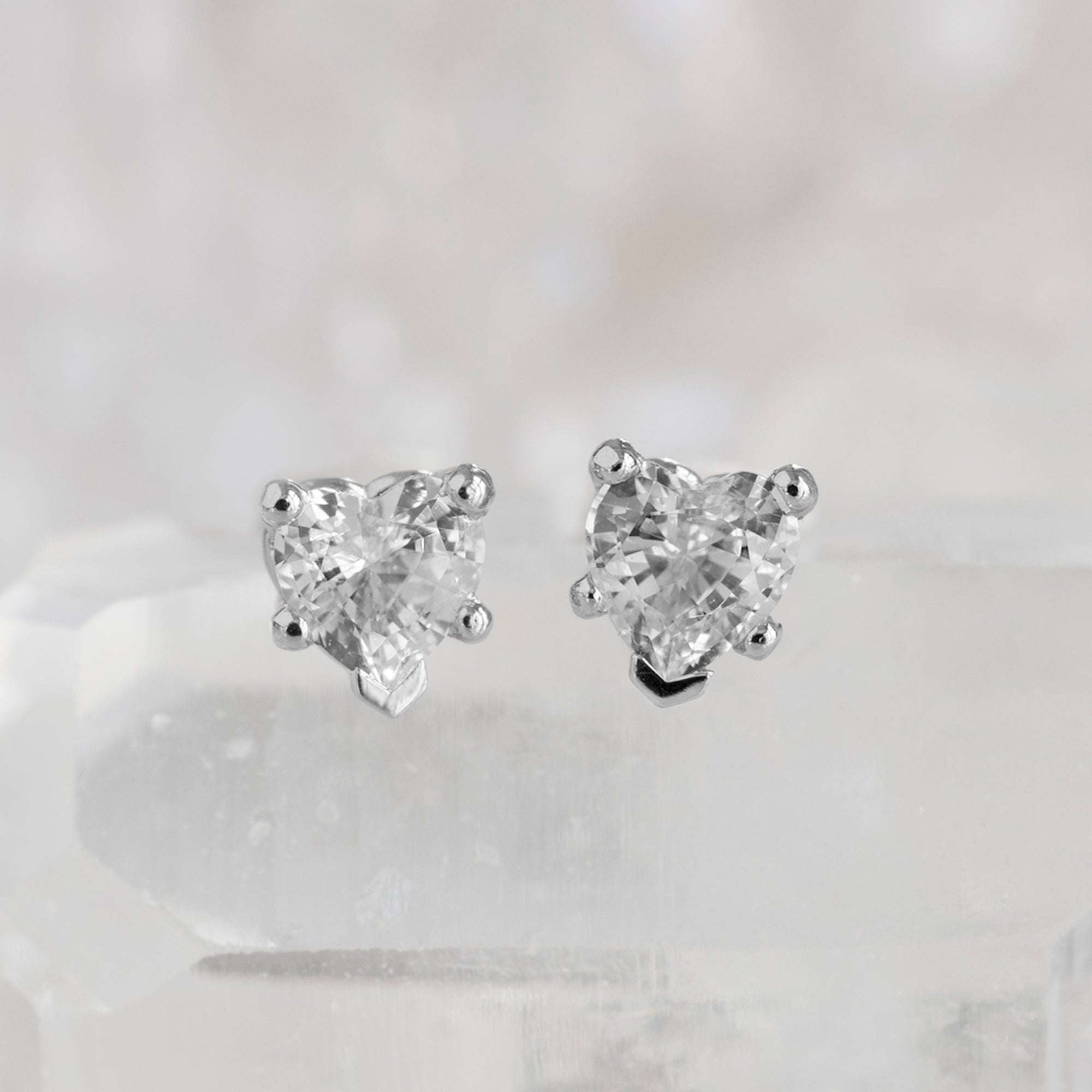 The White Sapphire Gemstone Heart Stud Earrings | 14K White Gold