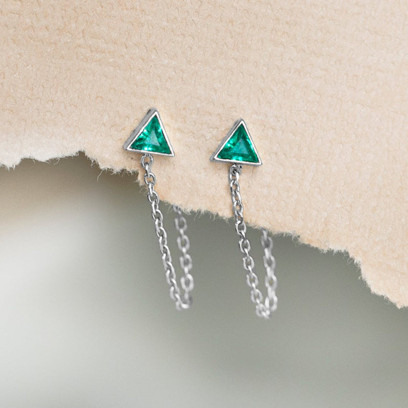 The Emerald Trillion Chain Hoop Earrings | 14K White Gold