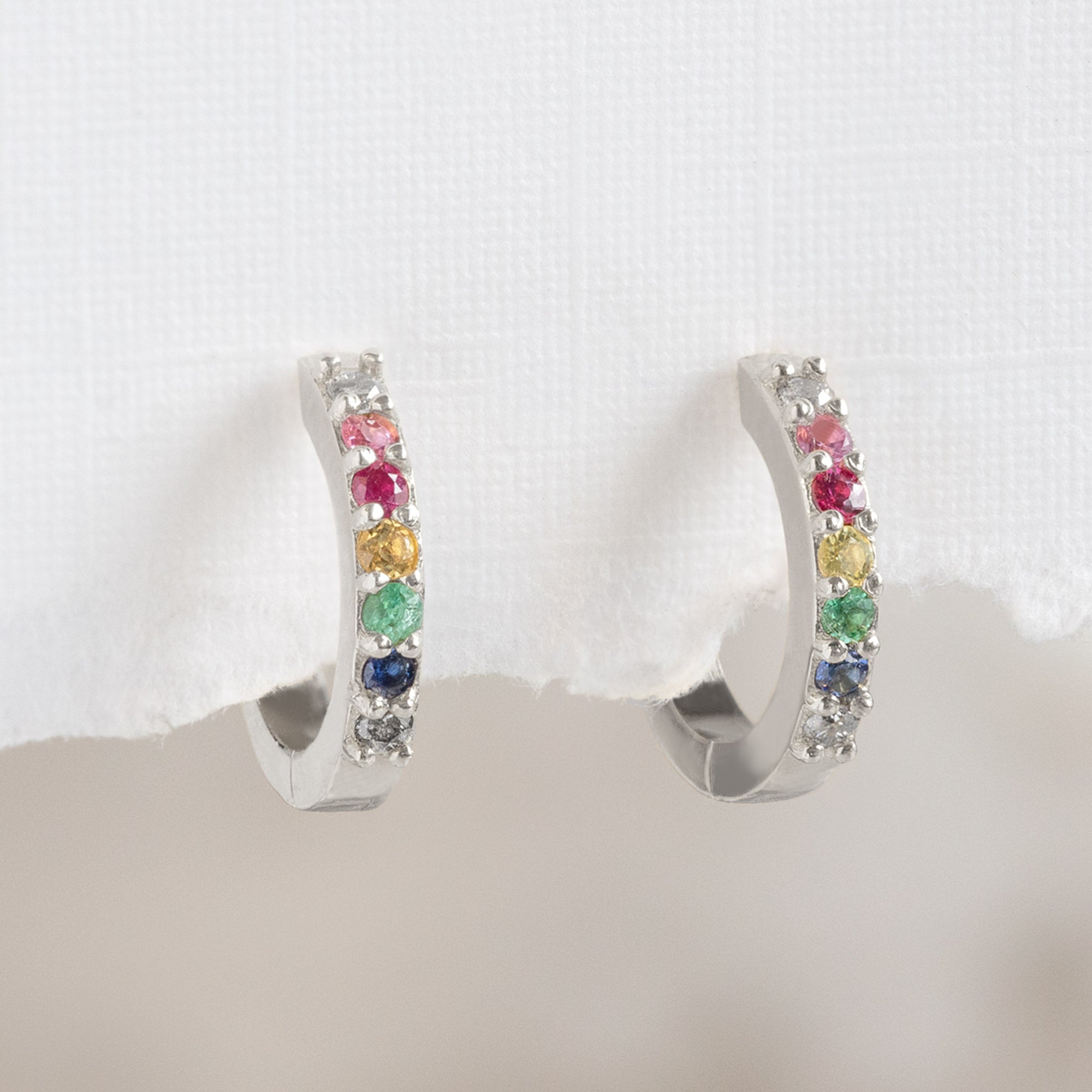 The Rainbow Sapphire Pavé Huggie Hoops | 14K White Gold