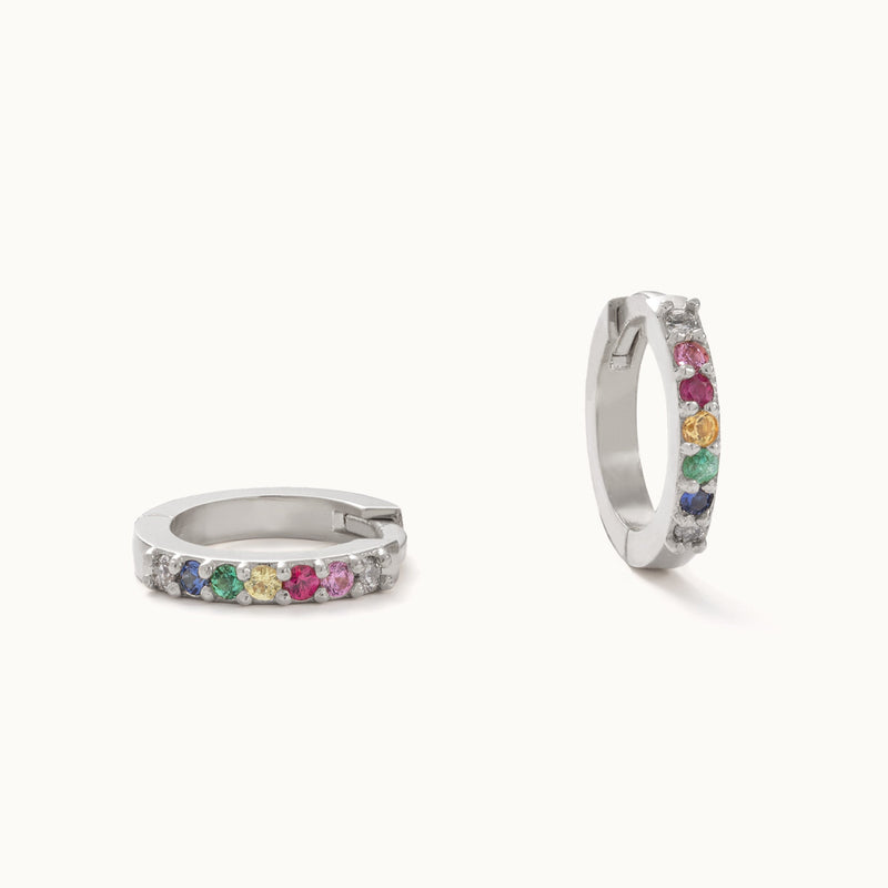 The Rainbow Sapphire Pavé Huggie Hoops | 14K White Gold