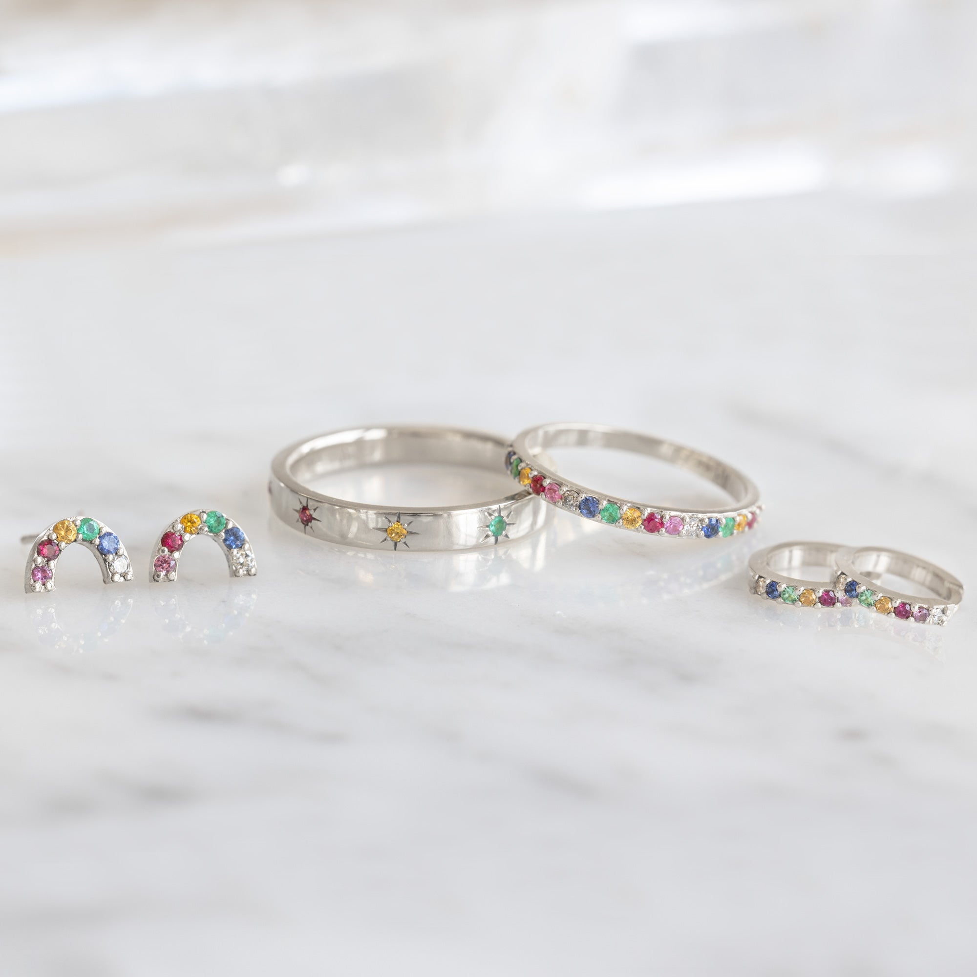 The Rainbow Sapphire Pavé Huggie Hoops | 14K White Gold