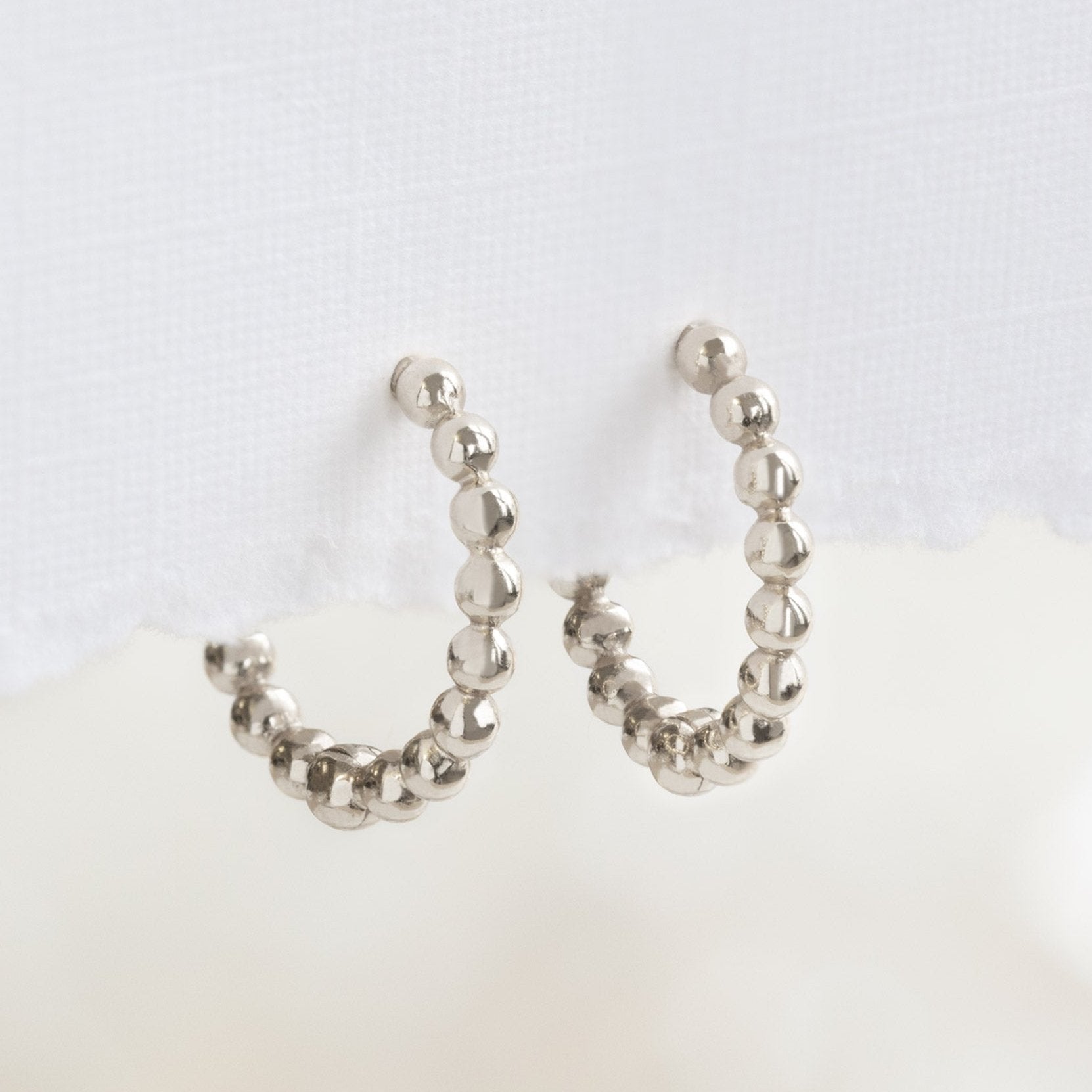 The Beaded Huggie Hoops | 14K White Gold