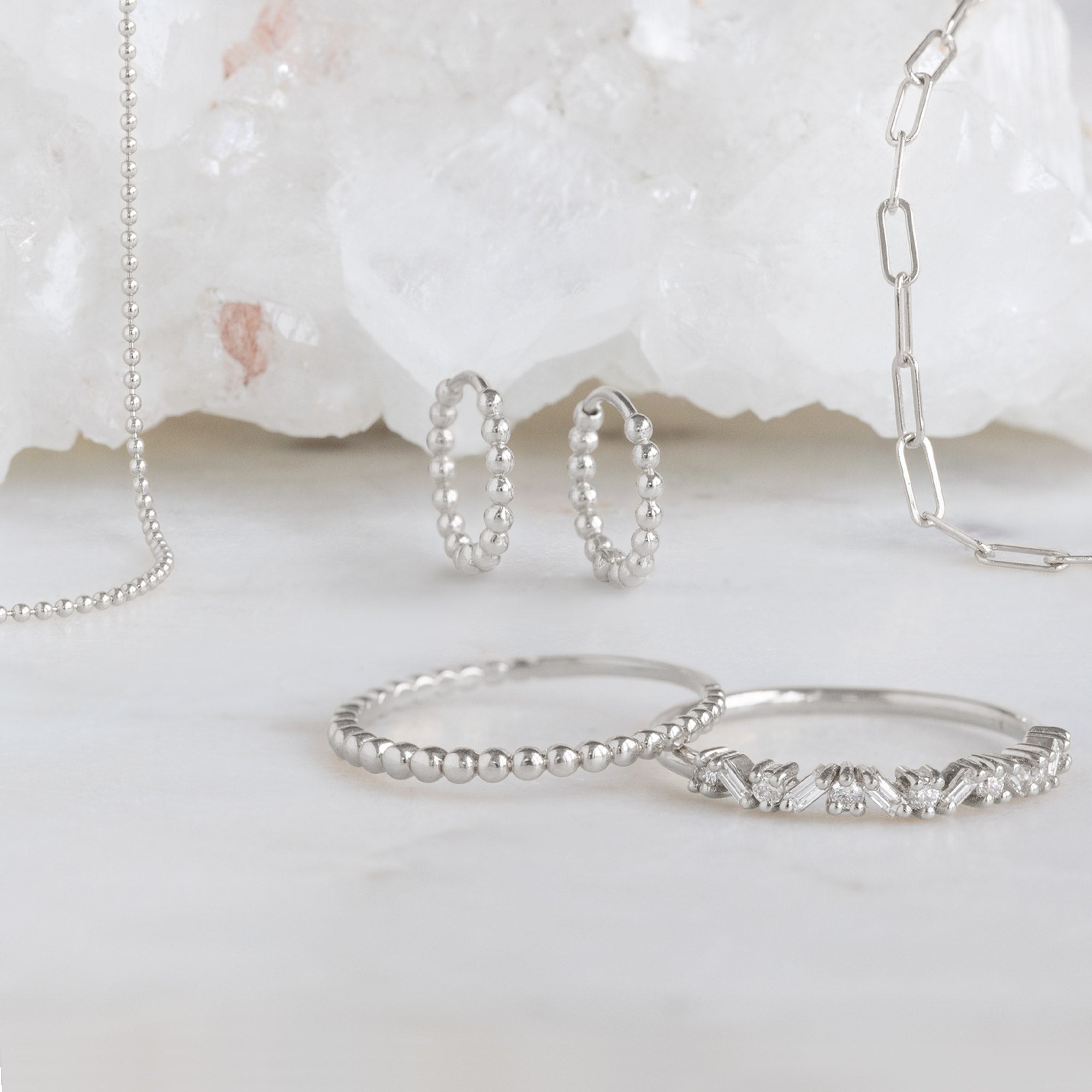 The Beaded Huggie Hoops | 14K White Gold