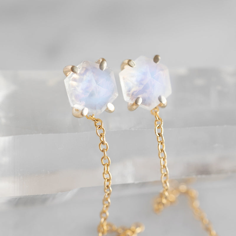 The Hexagon Moonstone Thread Earrings | Yellow Gold Filled