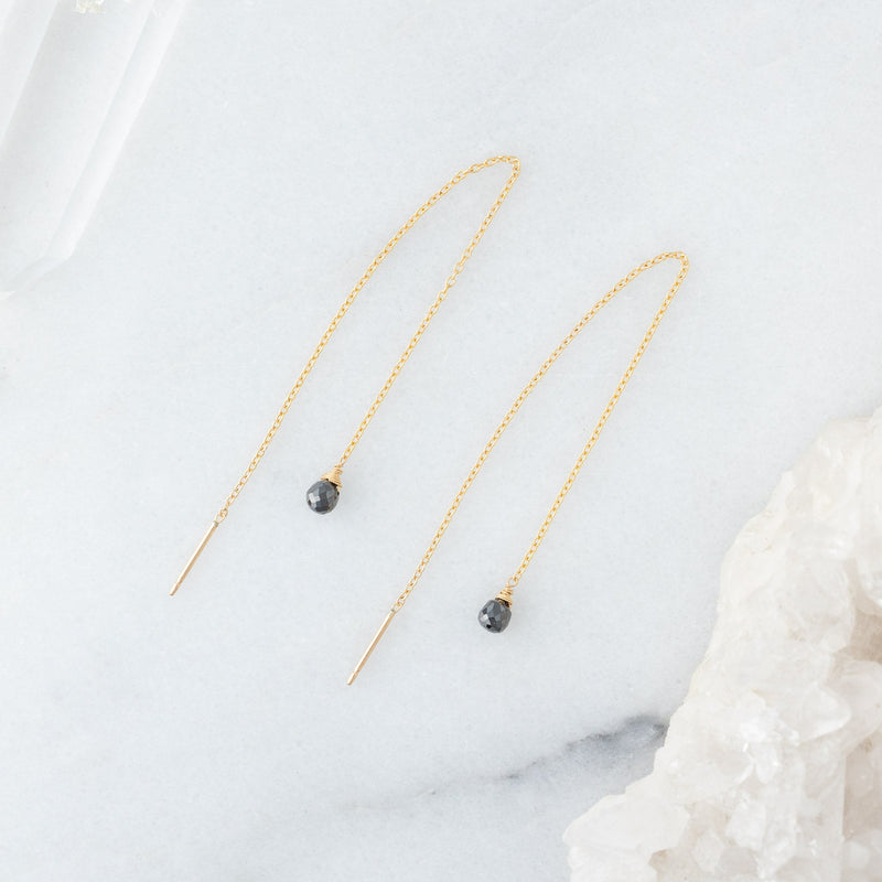 The Simple Black Diamond Drop Thread Earrings | Yellow Gold Filled