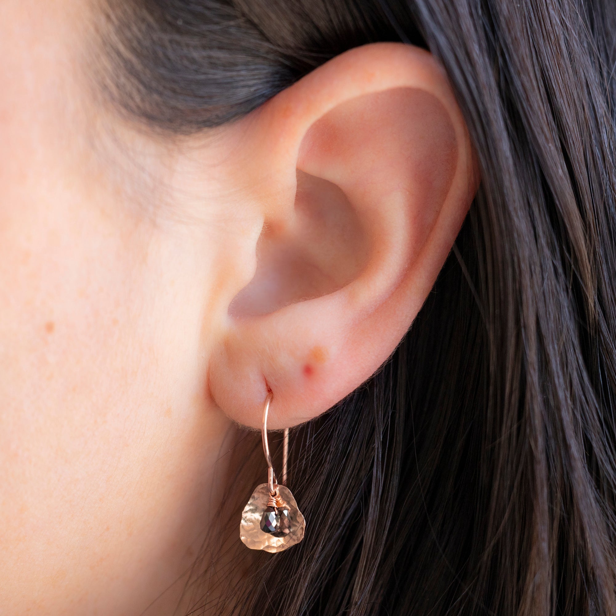 The Black Diamond Petal Earrings in Rose Gold Filled on Model