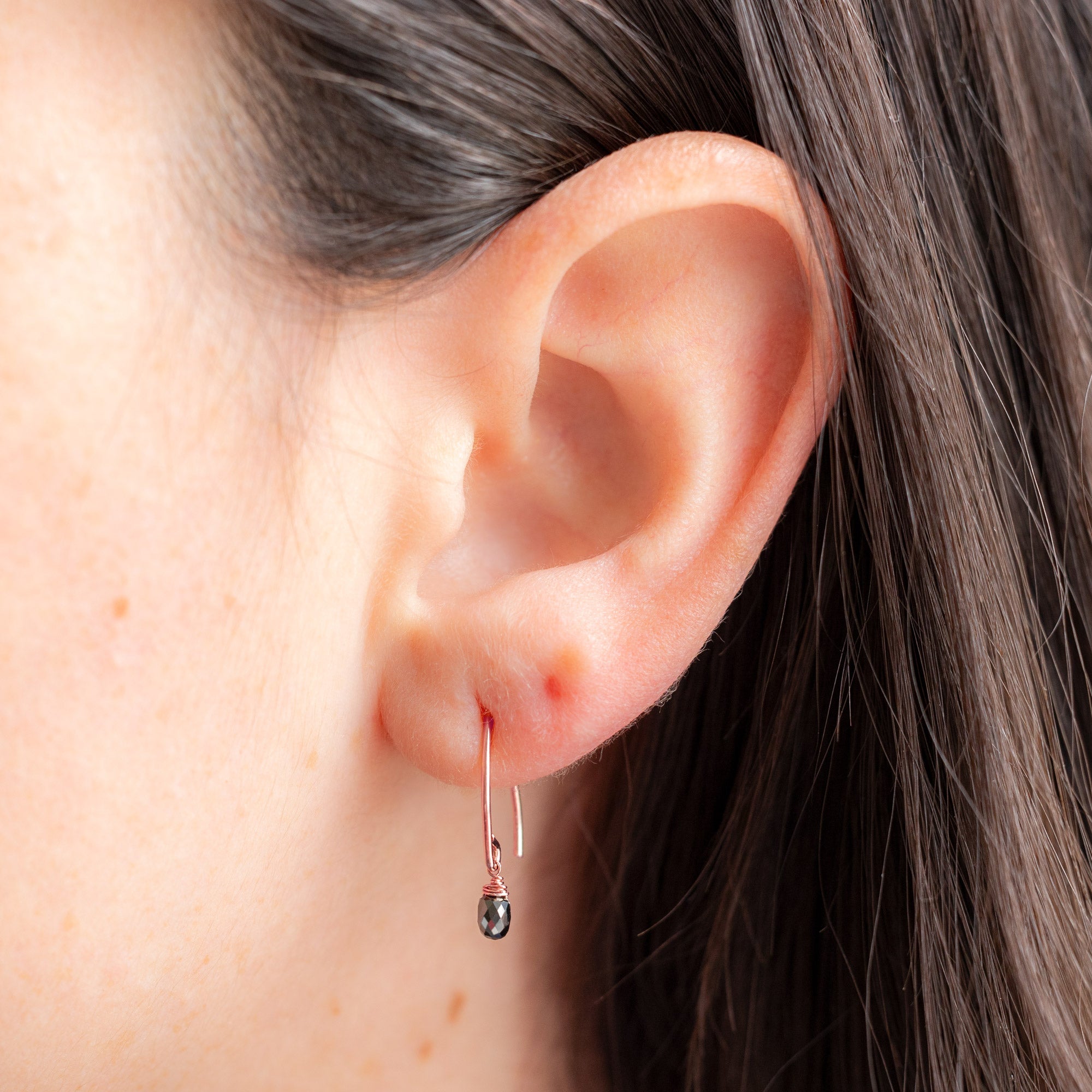 The Simple Black Diamond Drop Earrings in Rose Gold Filled on Model