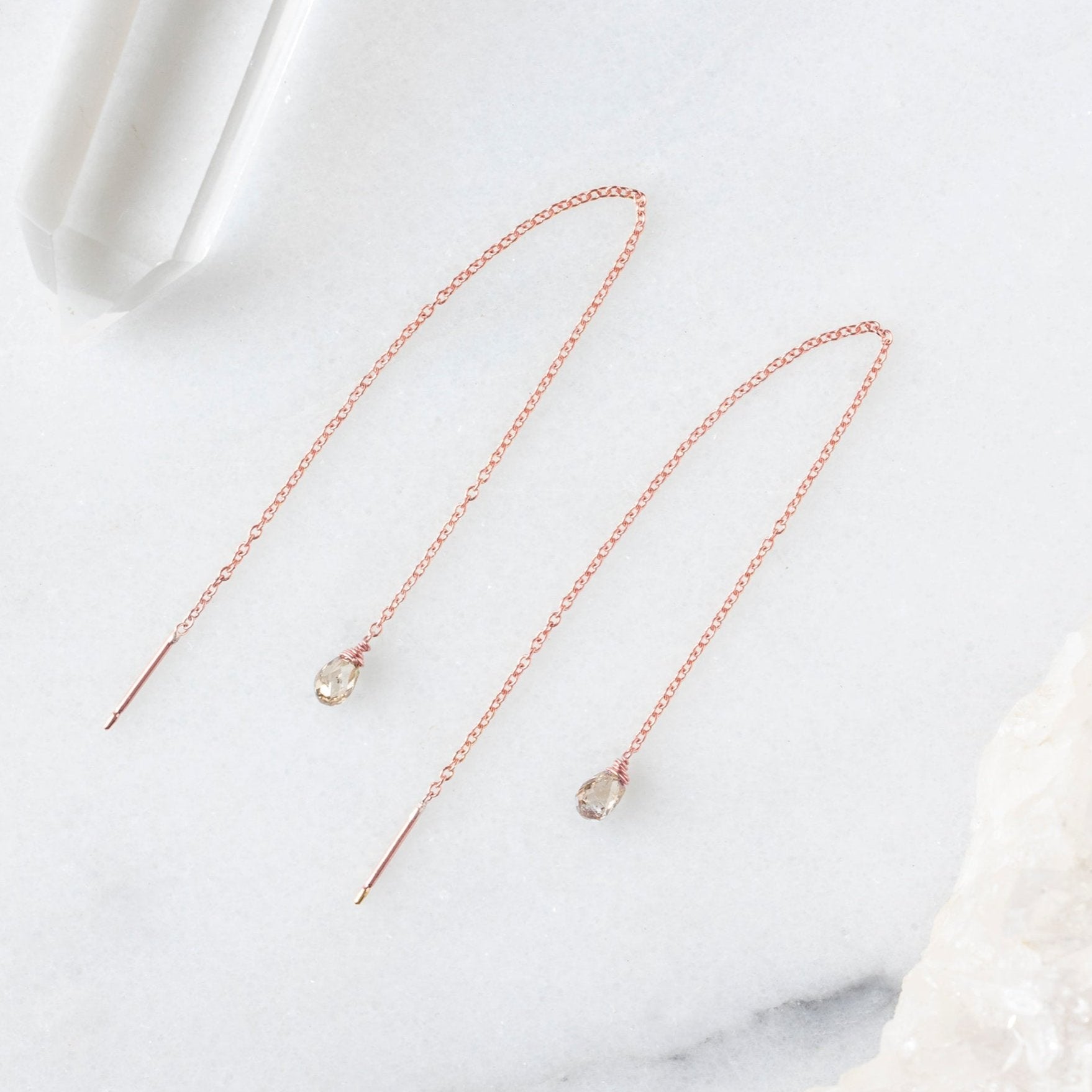 The Simple Champagne Diamond Drop Thread Earrings | Rose Gold Filled