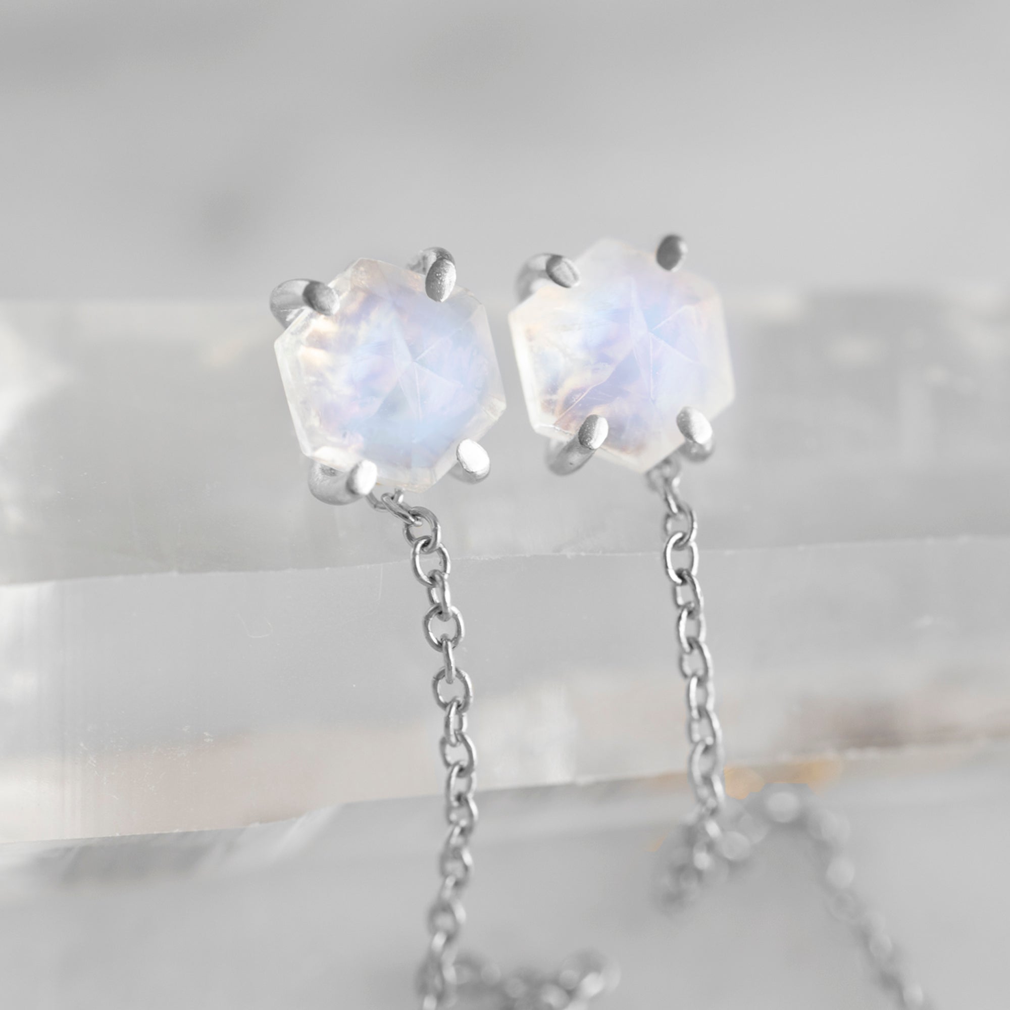 The Hexagon Moonstone Thread Earrings | Sterling Silver