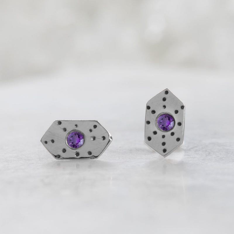 The Hexagon Amethyst Stardust Stud Earrings | Sterling Silver