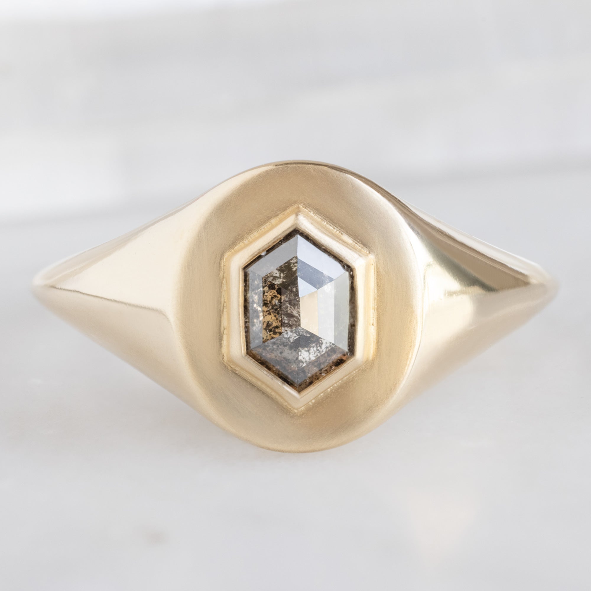 The Signet Ring with a 0.38ct Hexagon Salt and Pepper Diamond in 10K Yellow Gold on White Background