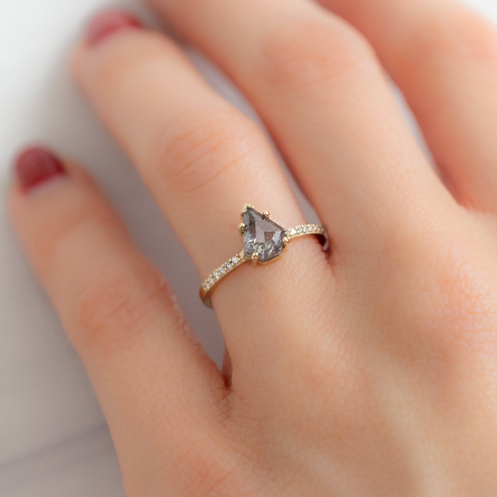 The Willow Ring | 1.16ct Shield Cut Salt and Pepper Diamond in 14K Yellow Gold