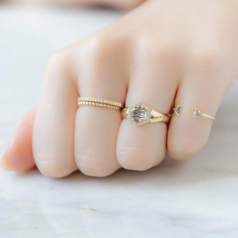 buy:the-white-diamond-pave-wedding-band-14k-or-18k-yellow-gold,the-gold-beaded-stacking-ring-14k-yellow-gold,the-signet-ring-0-70ct-hexagon-tourmaline-in-quartz-in-14k-yellow-gold,one-of-a-kind-open-cuff-salt-and-pepper-diamond-trillion-stacking-band-14k-or-18k-yellow-gold