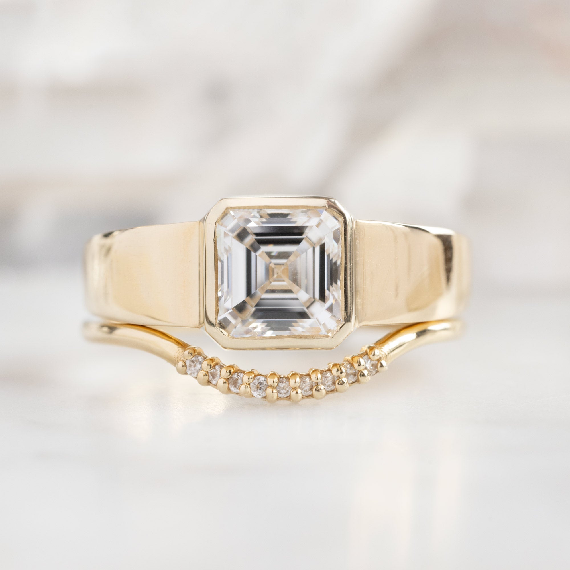 buy:the-signet-ring-1-25ct-lab-grown-asscher-white-diamond-in-14k-yellow-gold,one-of-a-kind-white-diamond-pave-arc-stacking-band-14k-or-18k-yellow-gold