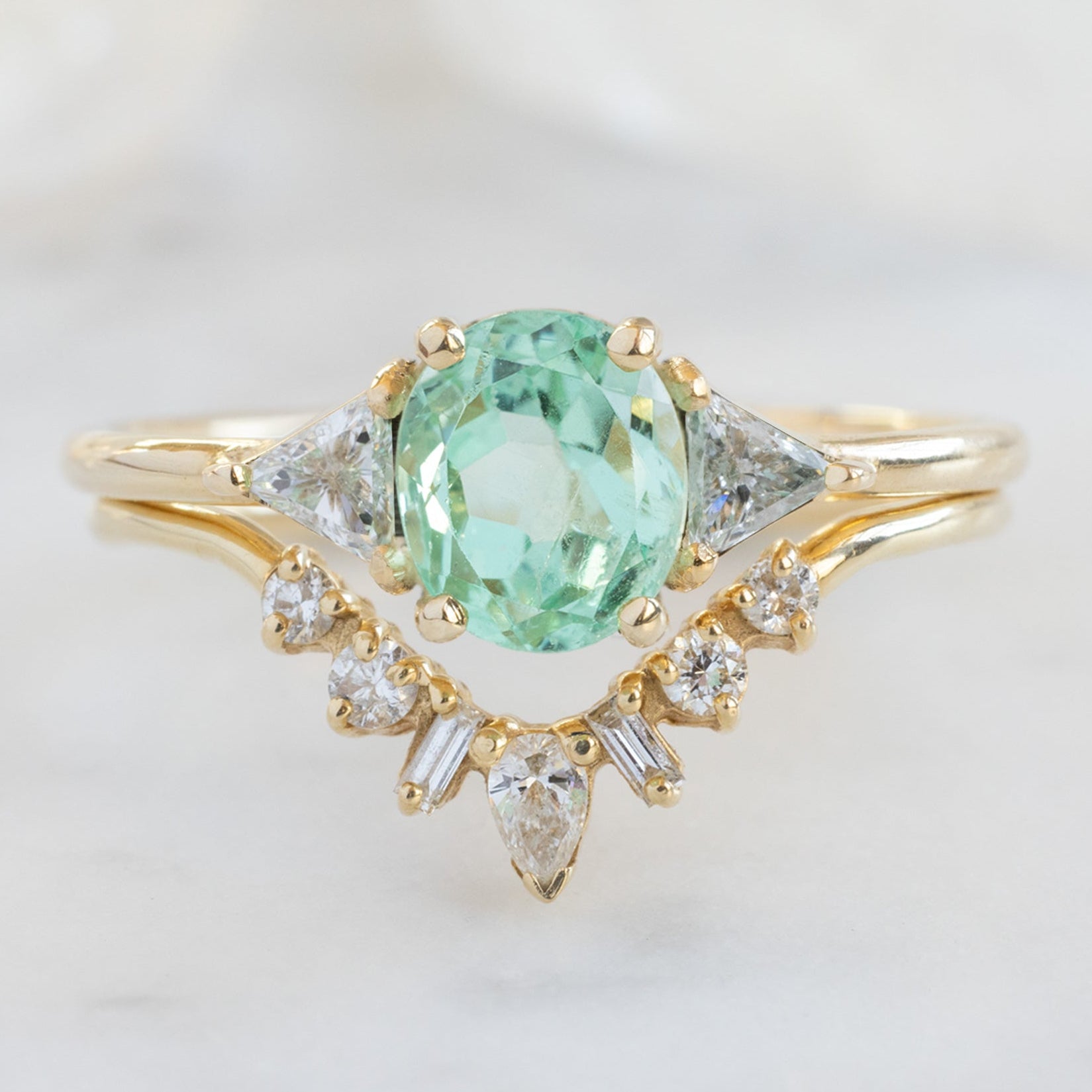 buy:the-jade-ring-0-89ct-oval-emerald-in-14k-yellow-gold,one-of-a-kind-geometric-white-diamond-sunburst-stacking-band-14k-or-18k-yellow-gold