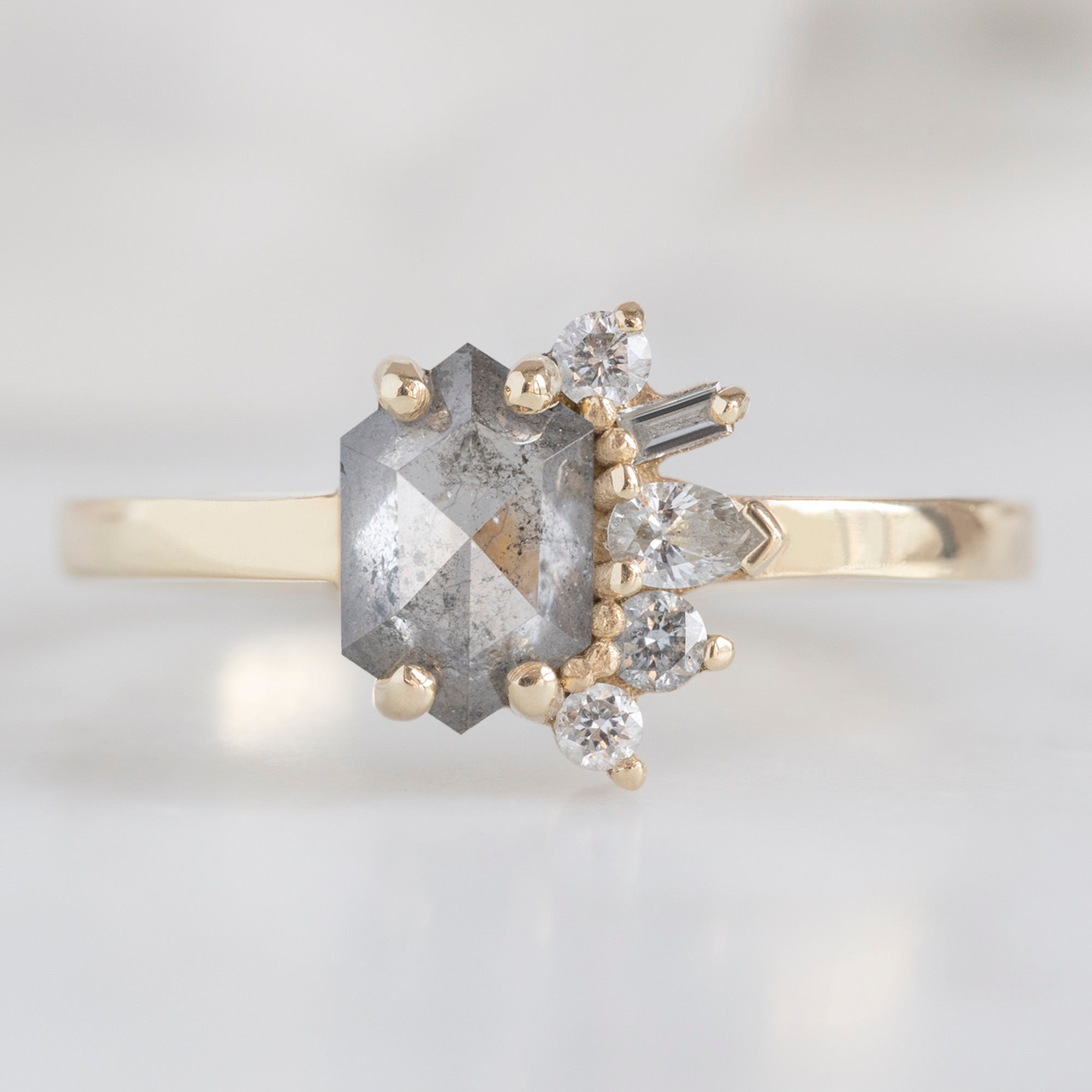 The Cluster Ring | 0.54ct Hexagon Salt and Pepper Diamond in 14K Yellow Gold