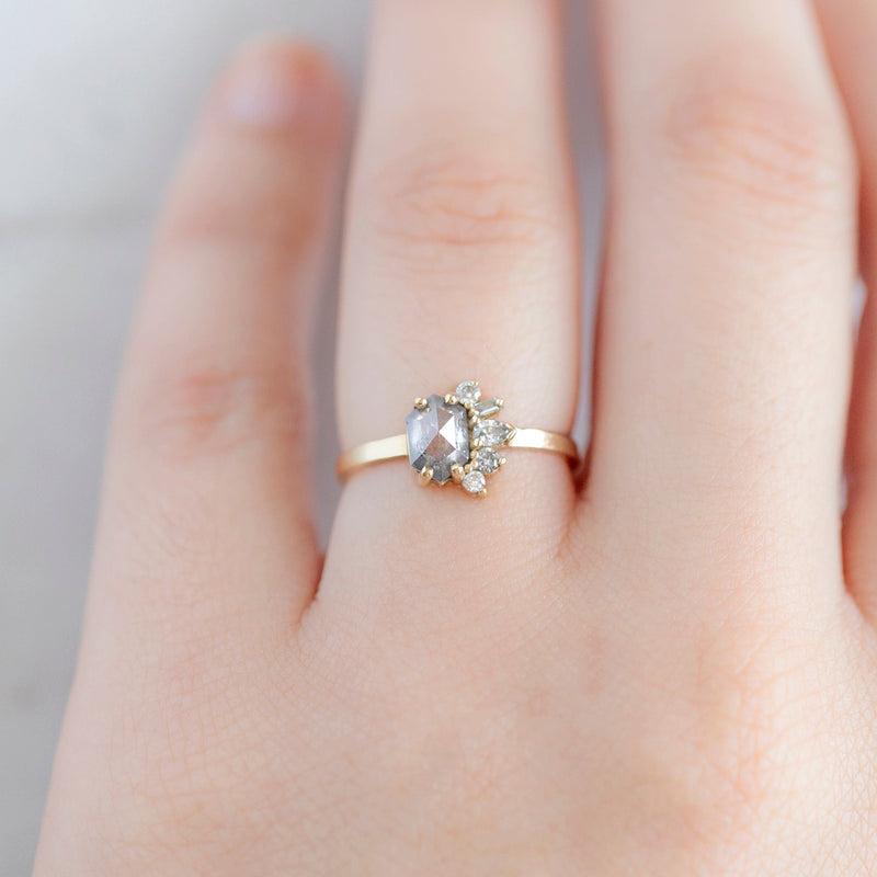 The Cluster Ring | 0.54ct Hexagon Salt and Pepper Diamond in 14K Yellow Gold