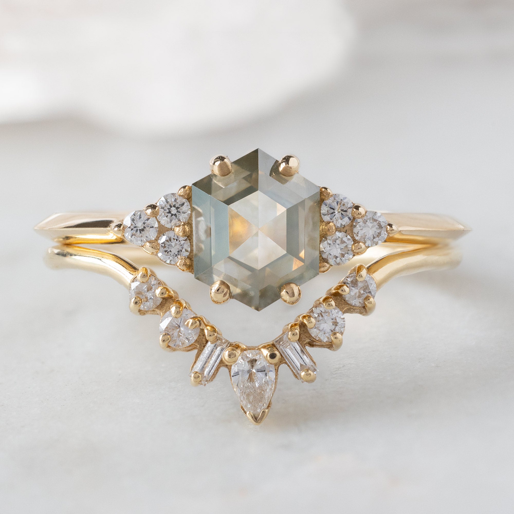 buy:the-ivy-ring-1-18ct-hexagon-green-diamond-in-14k-yellow-gold,one-of-a-kind-geometric-white-diamond-sunburst-stacking-band-14k-or-18k-yellow-gold