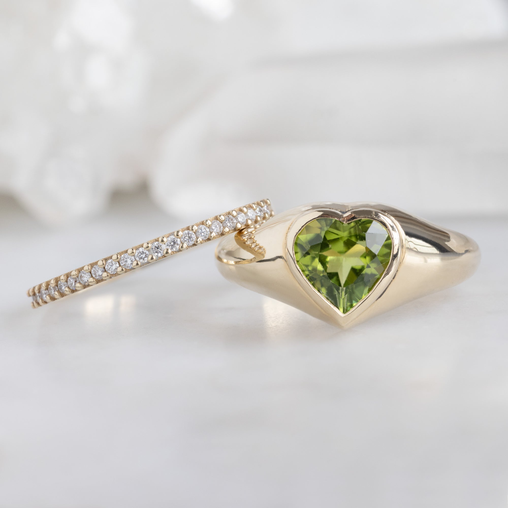 The Signet Ring with a 1.39ct Heart Peridot in 14K Yellow Gold with the Pavé Diamond Stacking Band