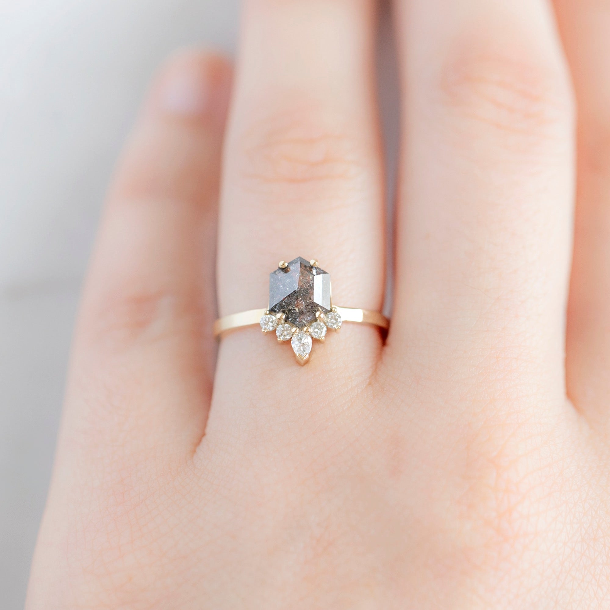 The Aster Ring | 1.05ct Hexagon Salt and Pepper Diamond in 14K Yellow Gold