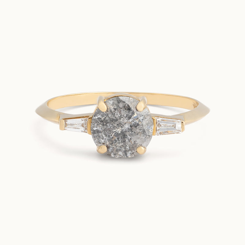 The Ash Ring | 1.22ct Round Salt and Pepper Diamond in 14K Yellow Gold with white background. 